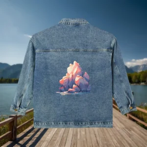 Flat view of a denim jacket featuring a pastel rocky cliff scene on the back.