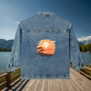 Flat view of a denim jacket with a sunset over savanna landscape printed on the back.