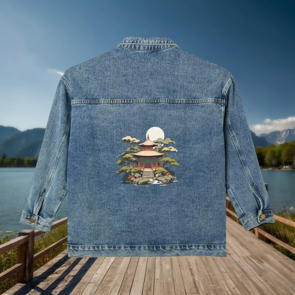 Women’s Denim Jacket – Japanese Temple Back Design Back view of women’s denim jacket laid flat showing a colorful Japanese temple graphic design under a full moon