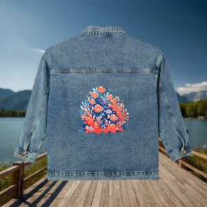 Denim jacket with an artistic print of coral reef and marine life on the back