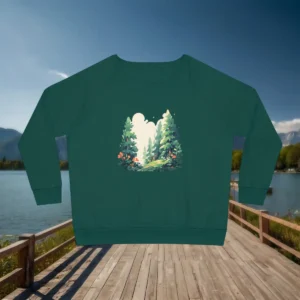 Green relaxed fit sweatshirt with a forest landscape print displayed against a lakeside boardwalk