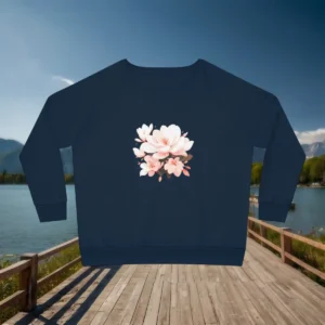 Flat lay of navy women’s sweatshirt with magnolia flower print, displayed on a boardwalk by a scenic lake