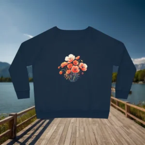 Flat lay of navy sweatshirt with illustrated poppy flower bouquet in orange and cream tones