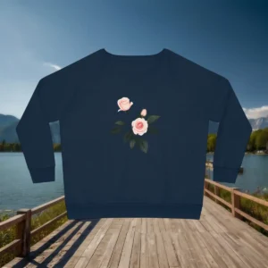 Flat lay of navy sweatshirt with elegant pink rose floral print
