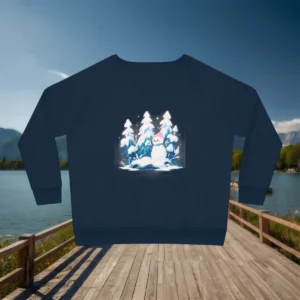 Flat view of navy sweatshirt with snowy pine trees and snowman design