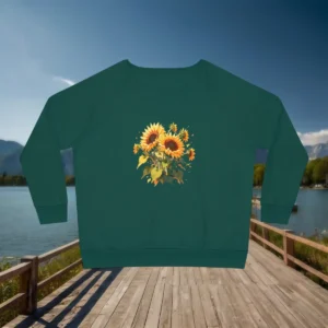 Flat lay of green sweatshirt with sunflower bouquet floral print
