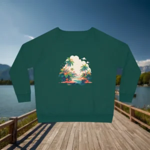 Flat lay of green sweatshirt with tropical island beach print