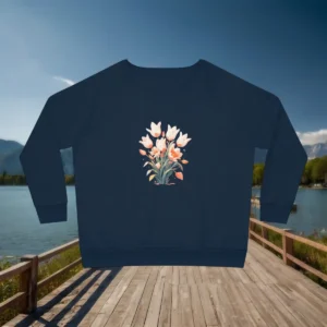 Flat lay of navy sweatshirt with watercolor-style pink tulip bouquet