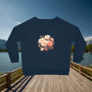 Flat lay of navy sweatshirt with soft peach and cream peony floral illustration