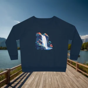 Flat lay of navy sweatshirt with illustrated waterfall and tropical foliage