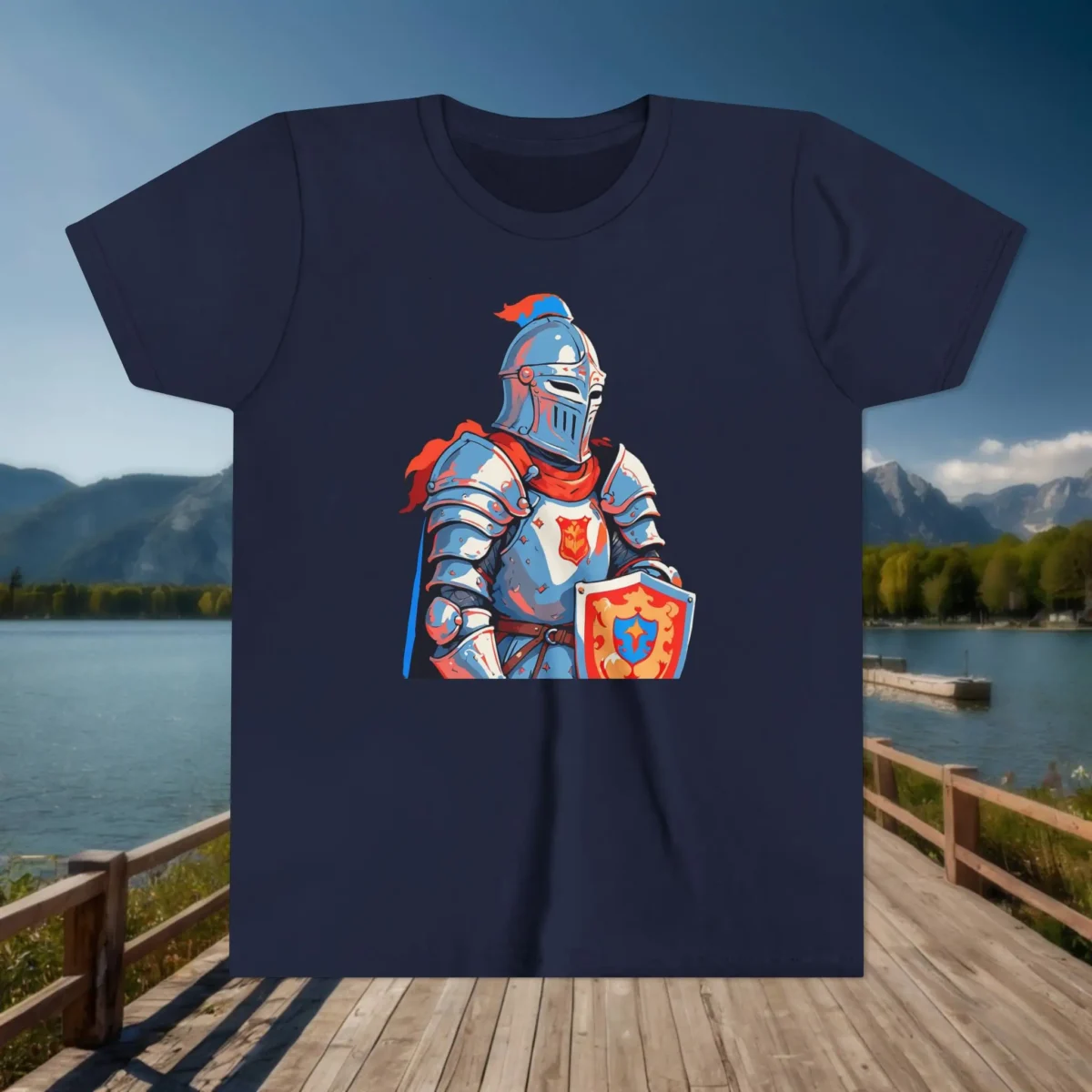 Flat lay of navy youth t-shirt with knight illustration displayed on a wooden dock background by a lake.