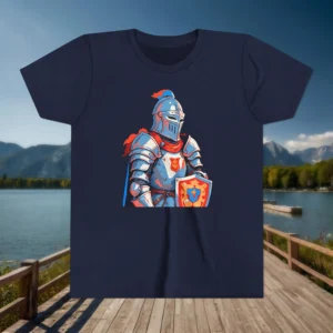 Flat lay of navy youth t-shirt with knight illustration displayed on a wooden dock background by a lake.