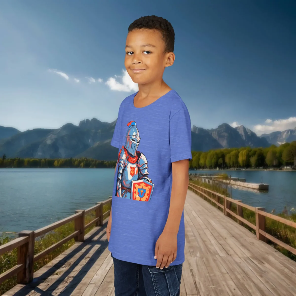 Young boy wearing a blue knight-themed youth t-shirt standing on a lakeside wooden dock with mountains in the background.