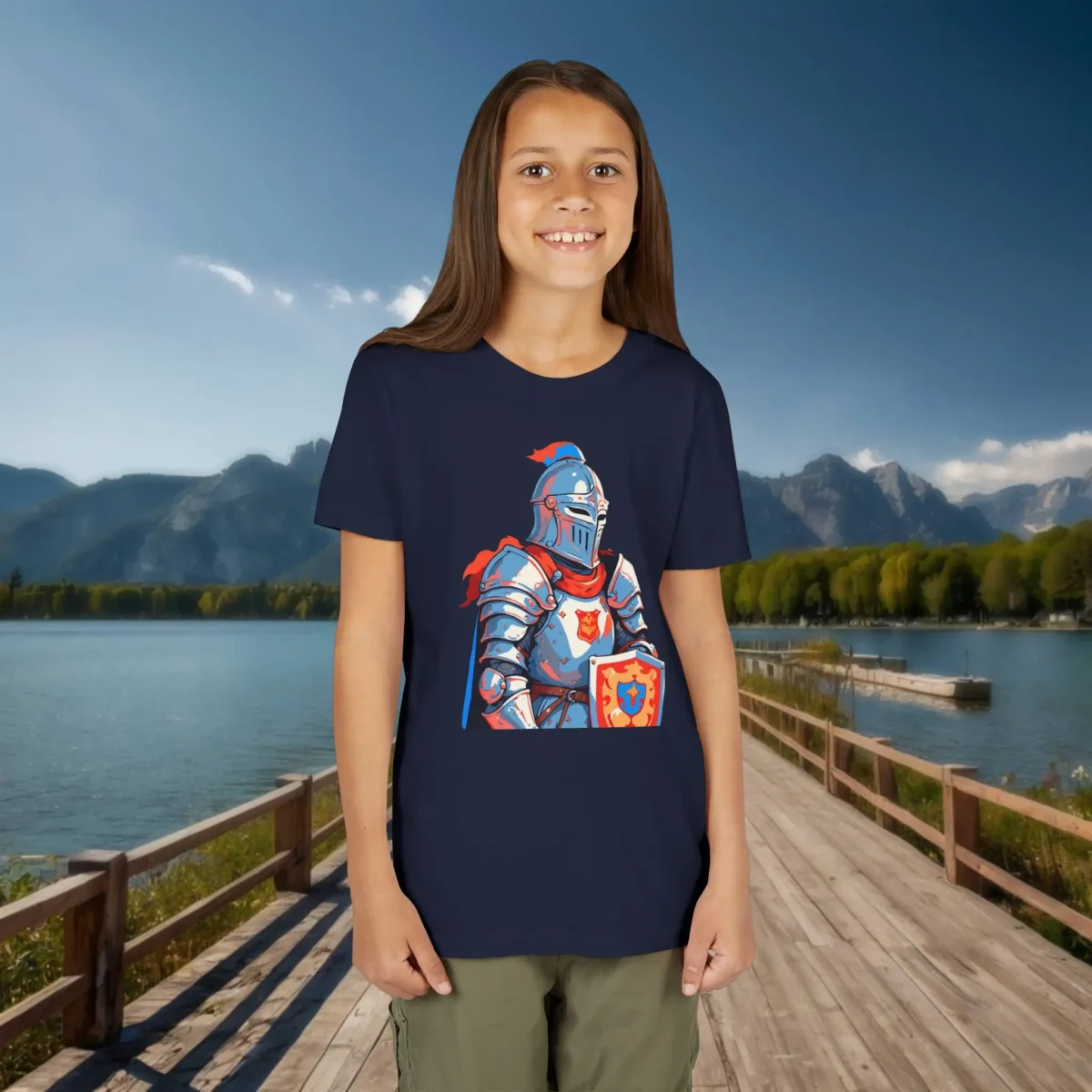 Smiling girl wearing a navy knight-themed youth t-shirt by a lake with mountains in the background.