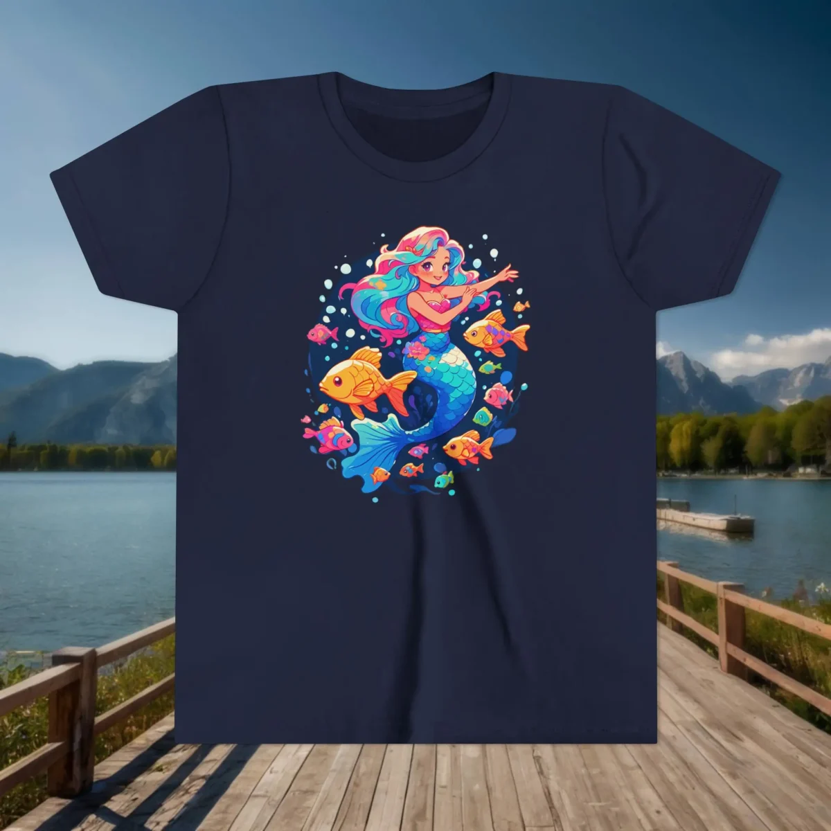 Flat lay of navy youth t-shirt with a colorful mermaid and fish design, displayed on a wooden dock background near a lake.