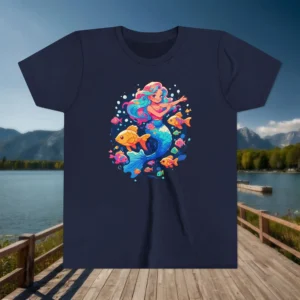Flat lay of navy youth t-shirt with a colorful mermaid and fish design, displayed on a wooden dock background near a lake.