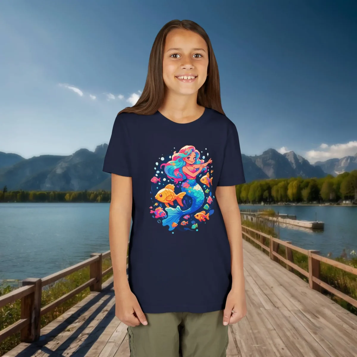 Young girl wearing a navy mermaid-themed youth t-shirt standing on a dock by a lake with mountains in the background.