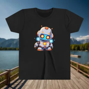 Black youth t-shirt with a colorful cartoon robot design displayed on a dock by a lake