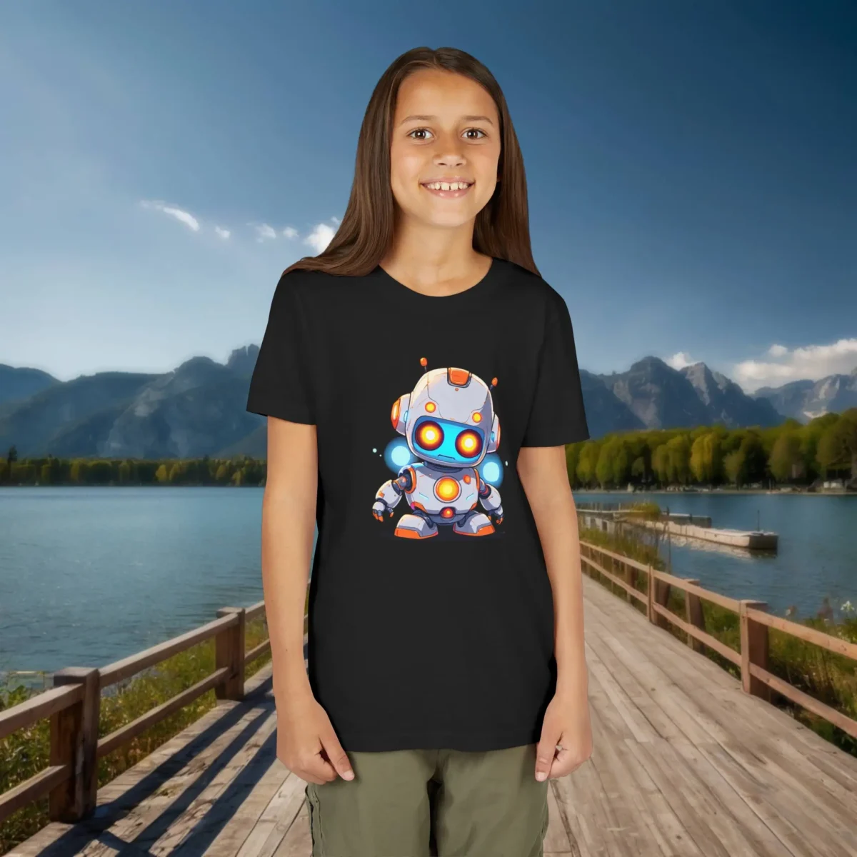 Smiling girl wearing a black youth t-shirt with a colorful cartoon robot graphic near a scenic lake