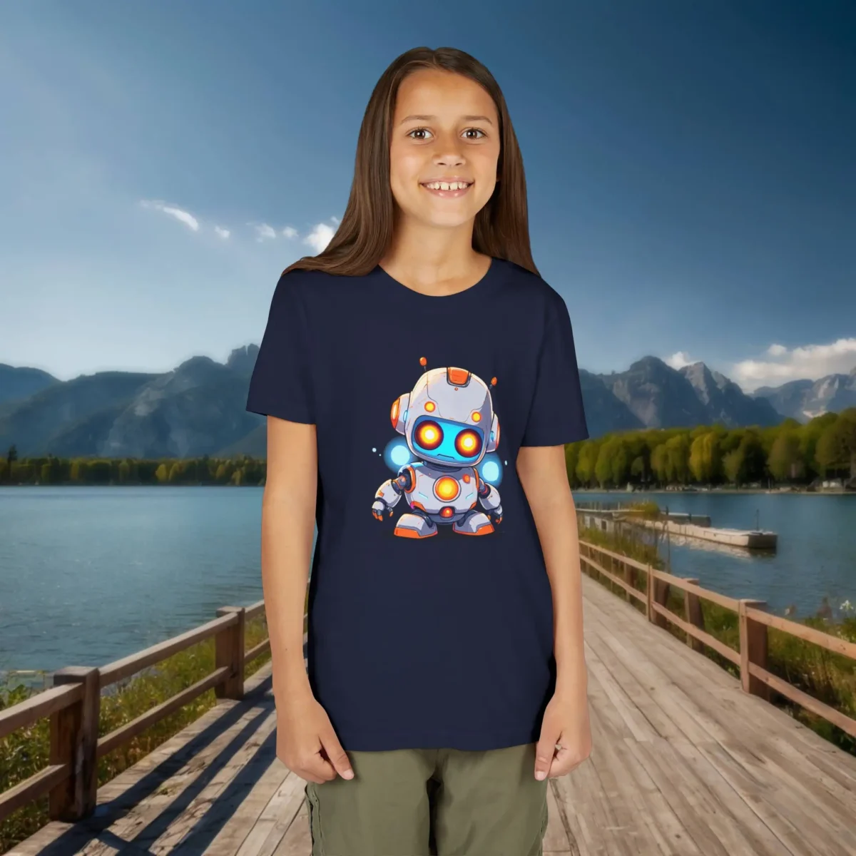 Girl in a navy blue youth t-shirt featuring a colorful robot print, standing by a lake
