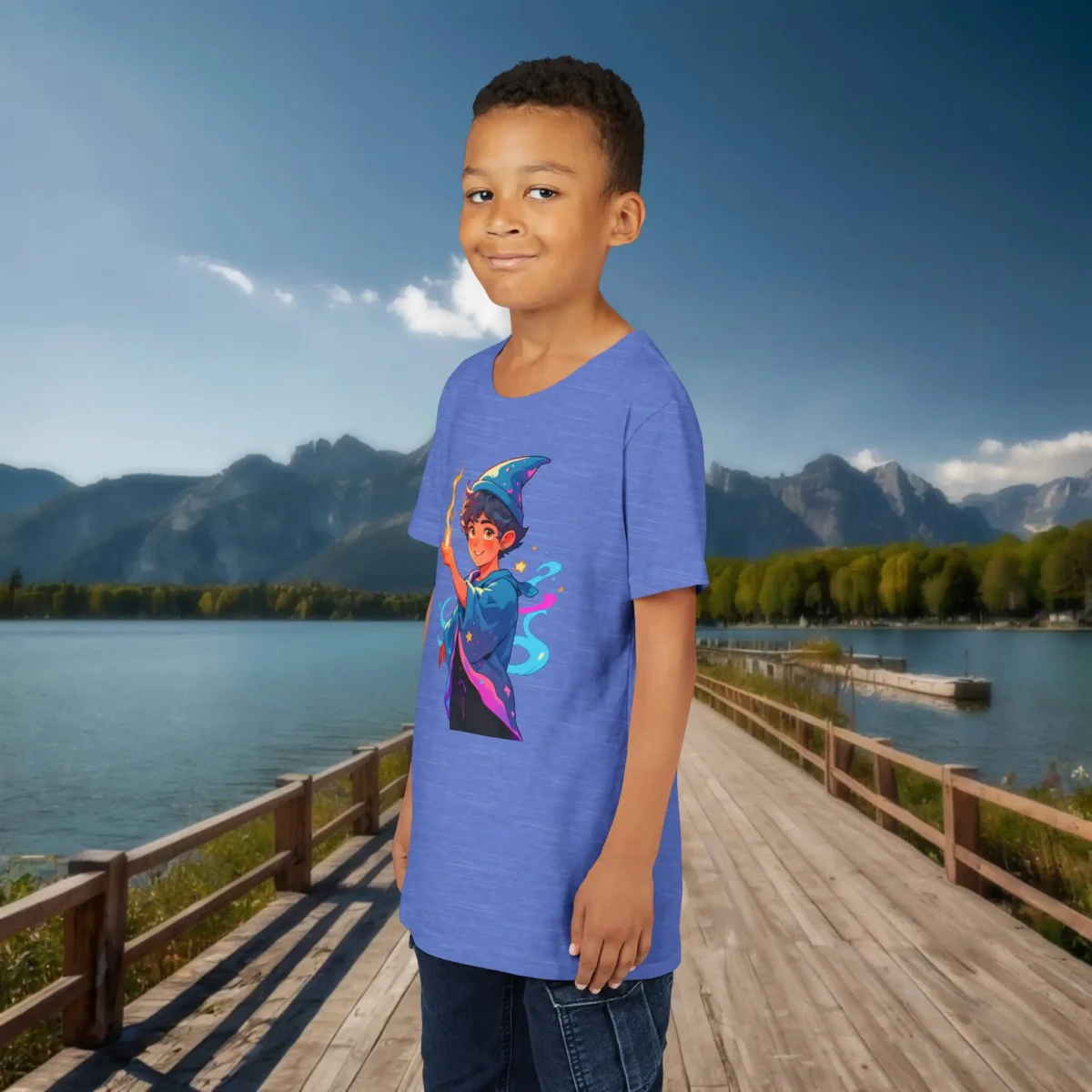 Boy wearing a heather blue youth t-shirt with a colorful young sorcerer print, standing on a dock near a lake