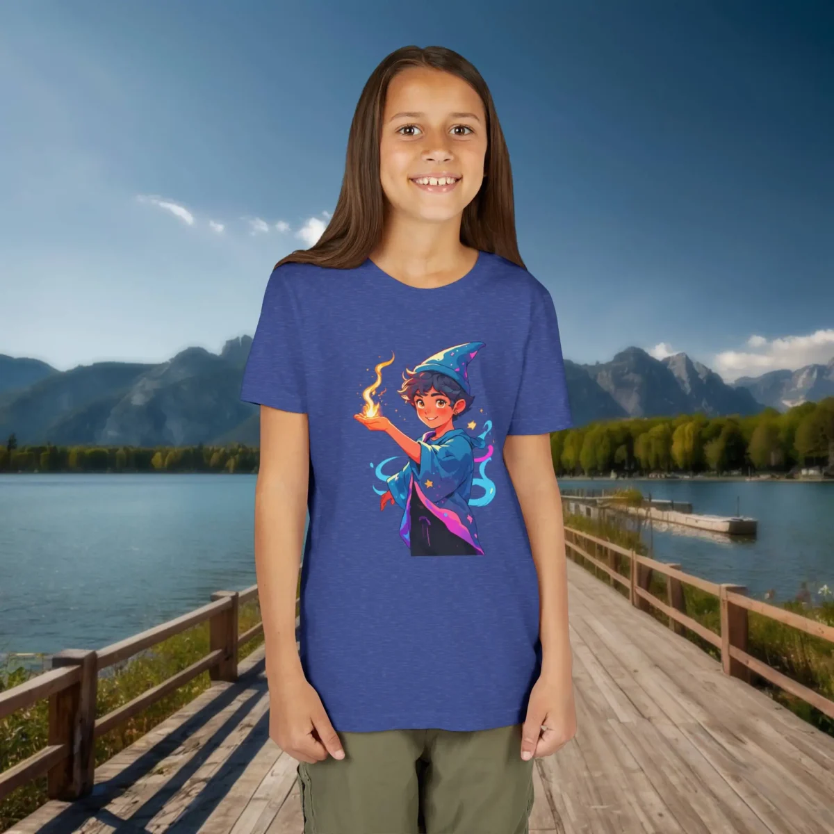 Girl in a heather blue t-shirt with a colorful cartoon sorcerer casting a fire spell, near a scenic lake