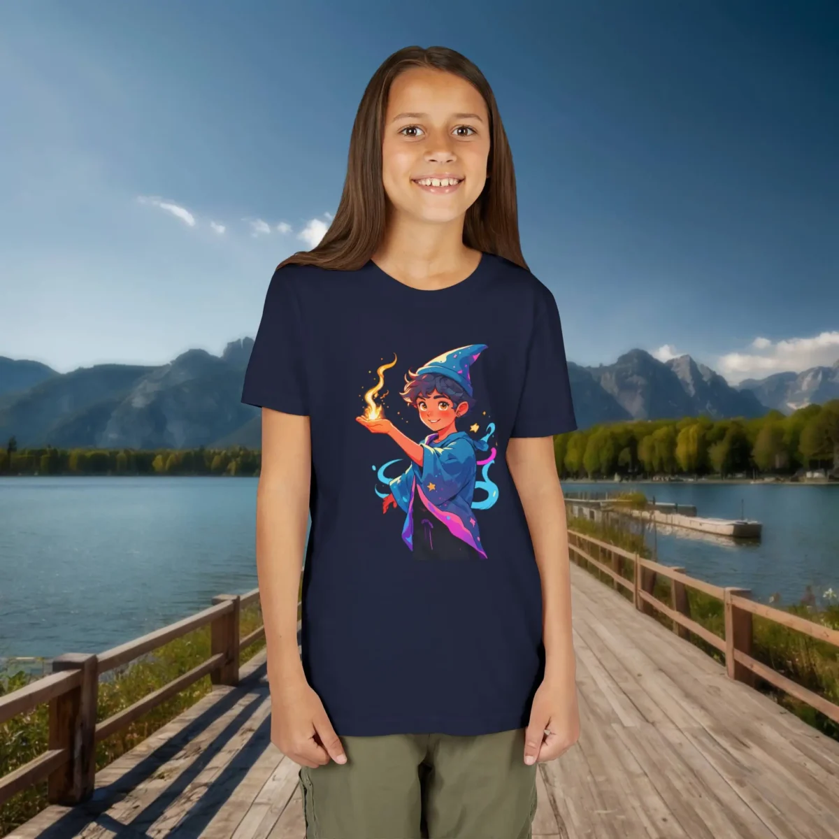 Girl wearing a navy blue youth t-shirt with a magical cartoon sorcerer graphic near a lake