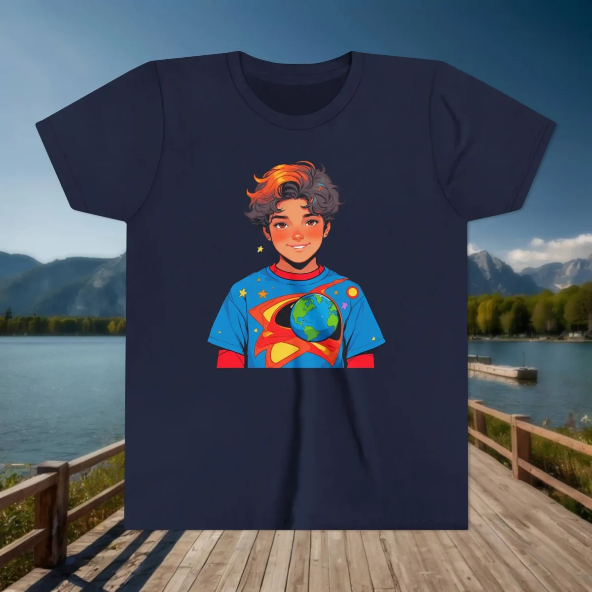 Flat-lay navy blue t-shirt with a cartoon superhero boy holding an Earth symbol on his shirt