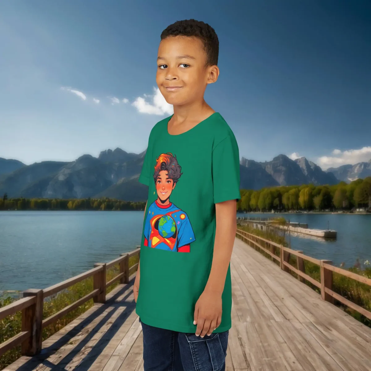 Boy wearing a green youth t-shirt with a colorful cartoon superhero boy and Earth symbol on his shirt