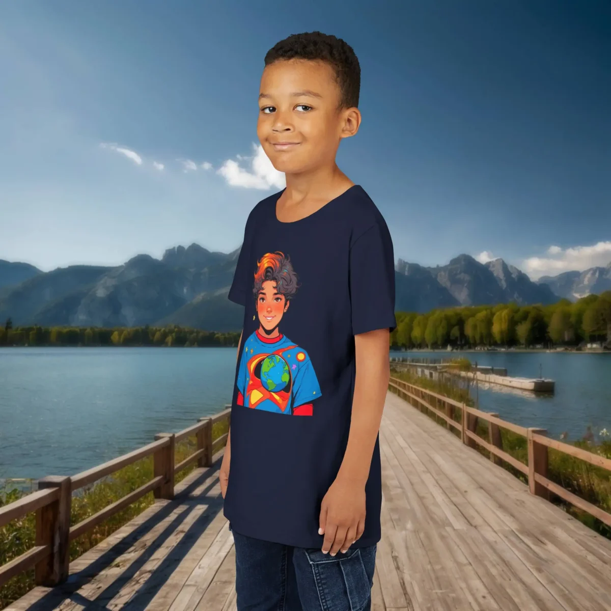 Boy in a navy blue t-shirt with a cartoon superhero boy graphic and Earth logo on the chest