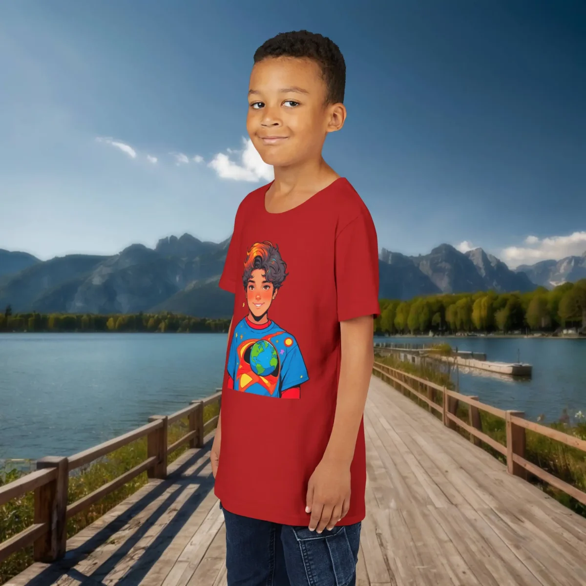 Boy wearing a red youth t-shirt featuring a smiling cartoon superhero boy with an Earth emblem on his chest