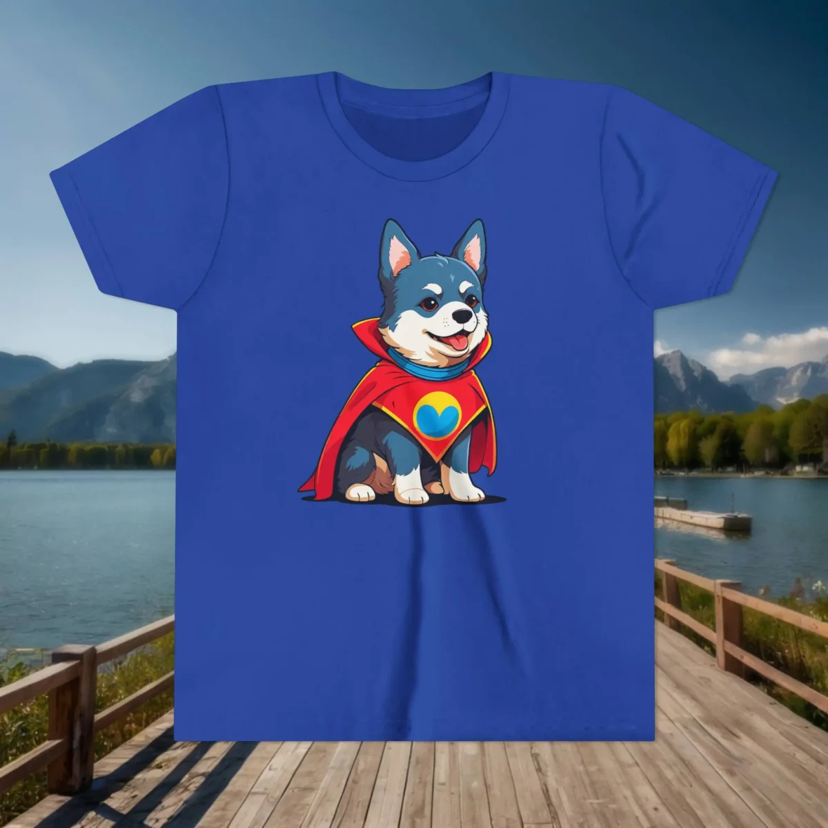 Royal blue youth t-shirt with a cute cartoon superhero dog wearing a red cape and heart emblem