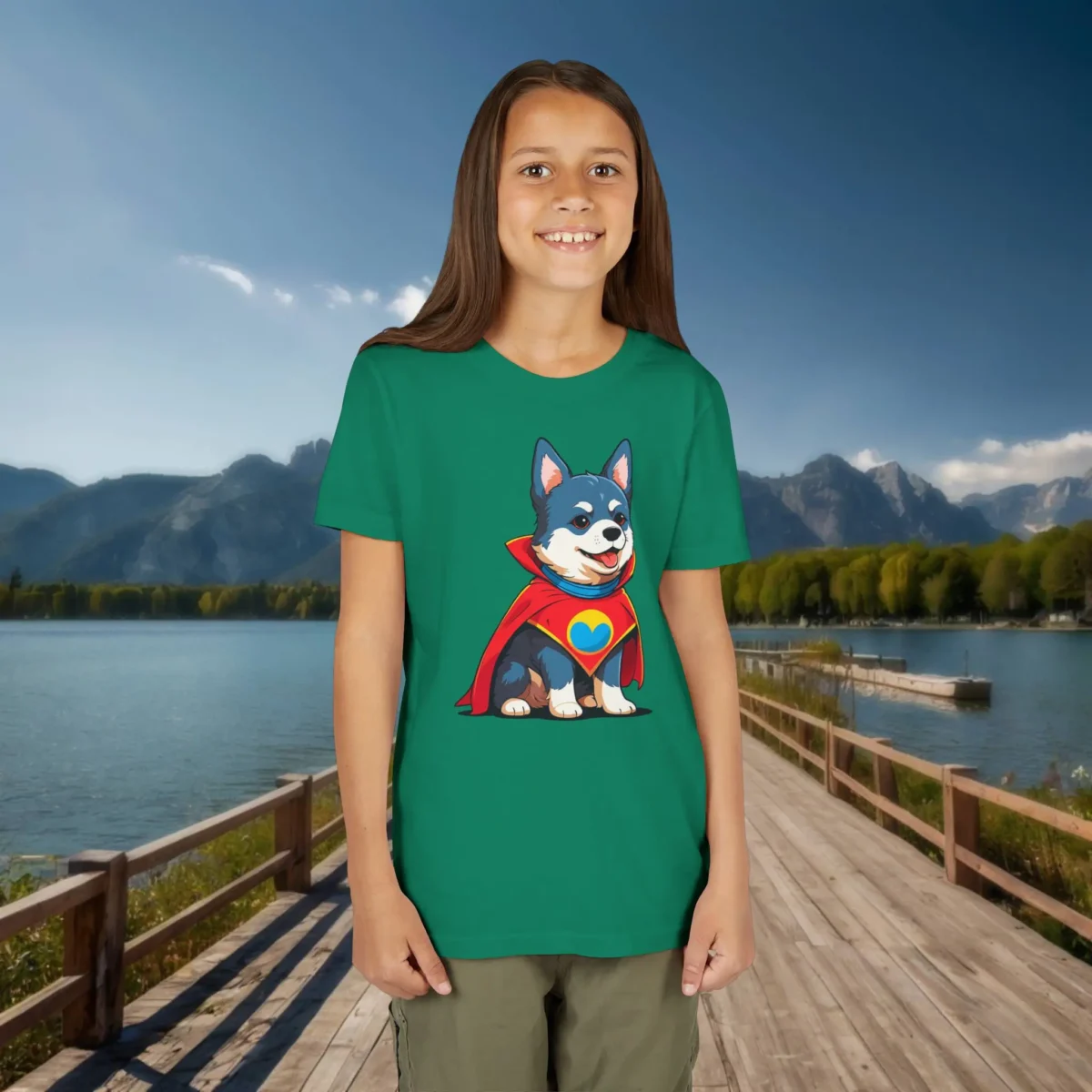 Girl wearing a green t-shirt with a cartoon superhero dog design, outdoors by a lake