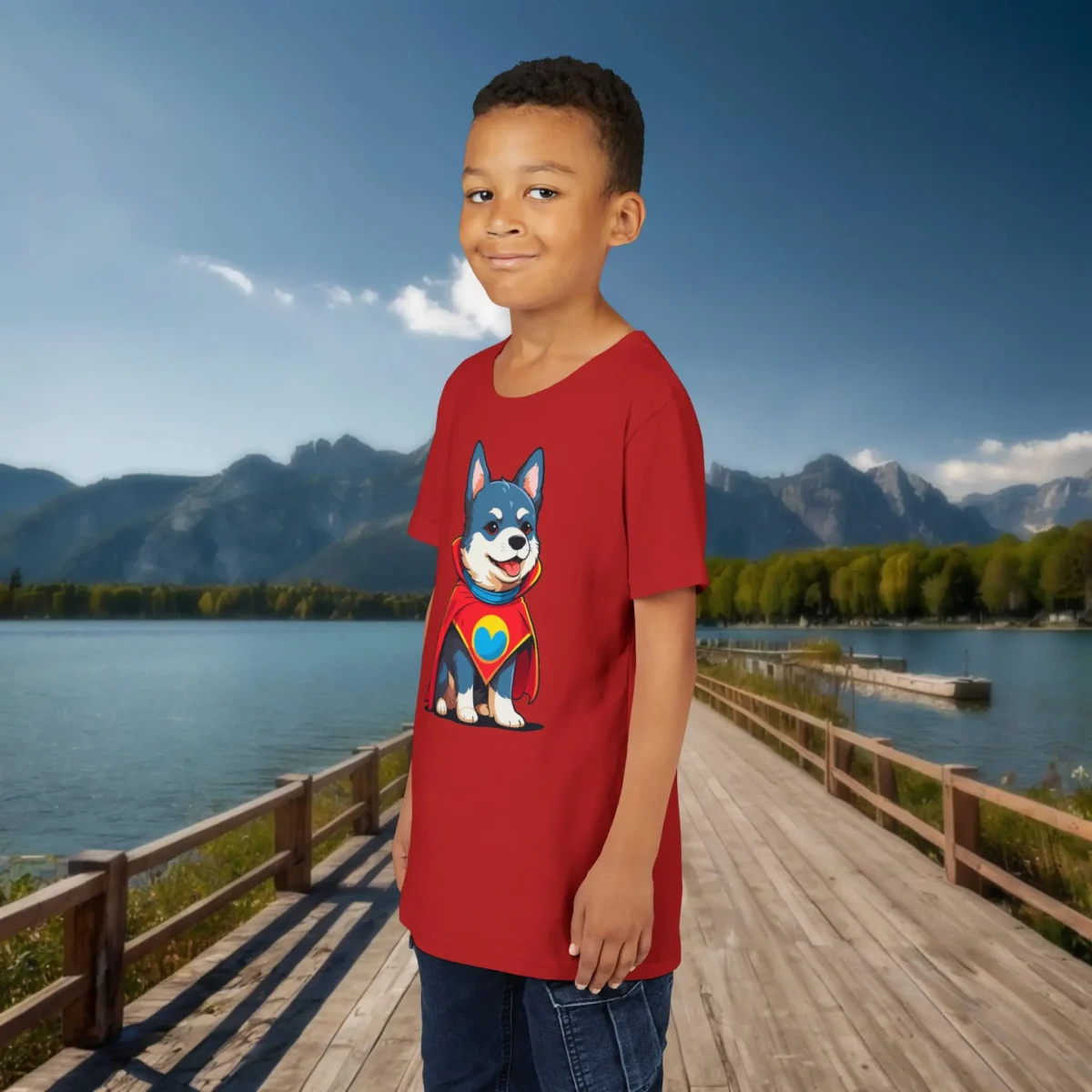 Boy in a red youth t-shirt with a cartoon dog in superhero costume, standing near a lake