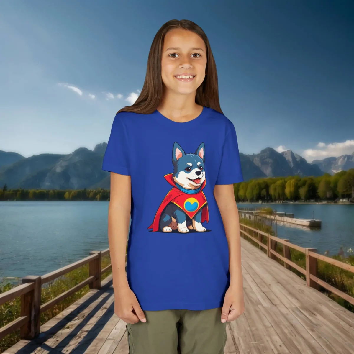 Smiling girl wearing a royal blue t-shirt with a cartoon superhero dog graphic near a lake