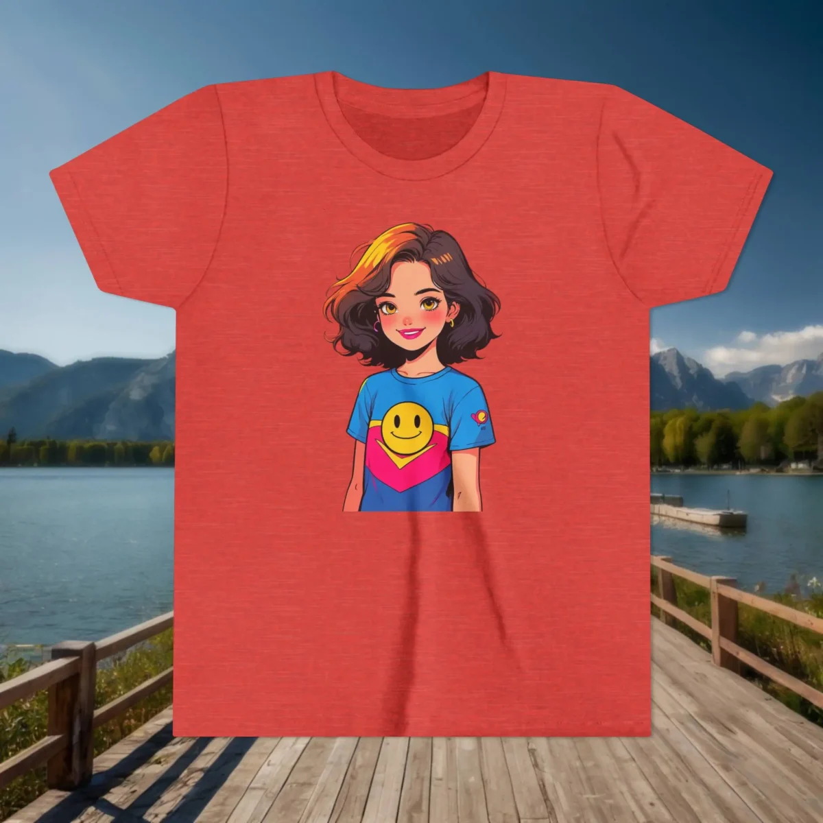 Heather red youth t-shirt with a cartoon superhero girl wearing a smiley face top, shown flat outdoors by a lake