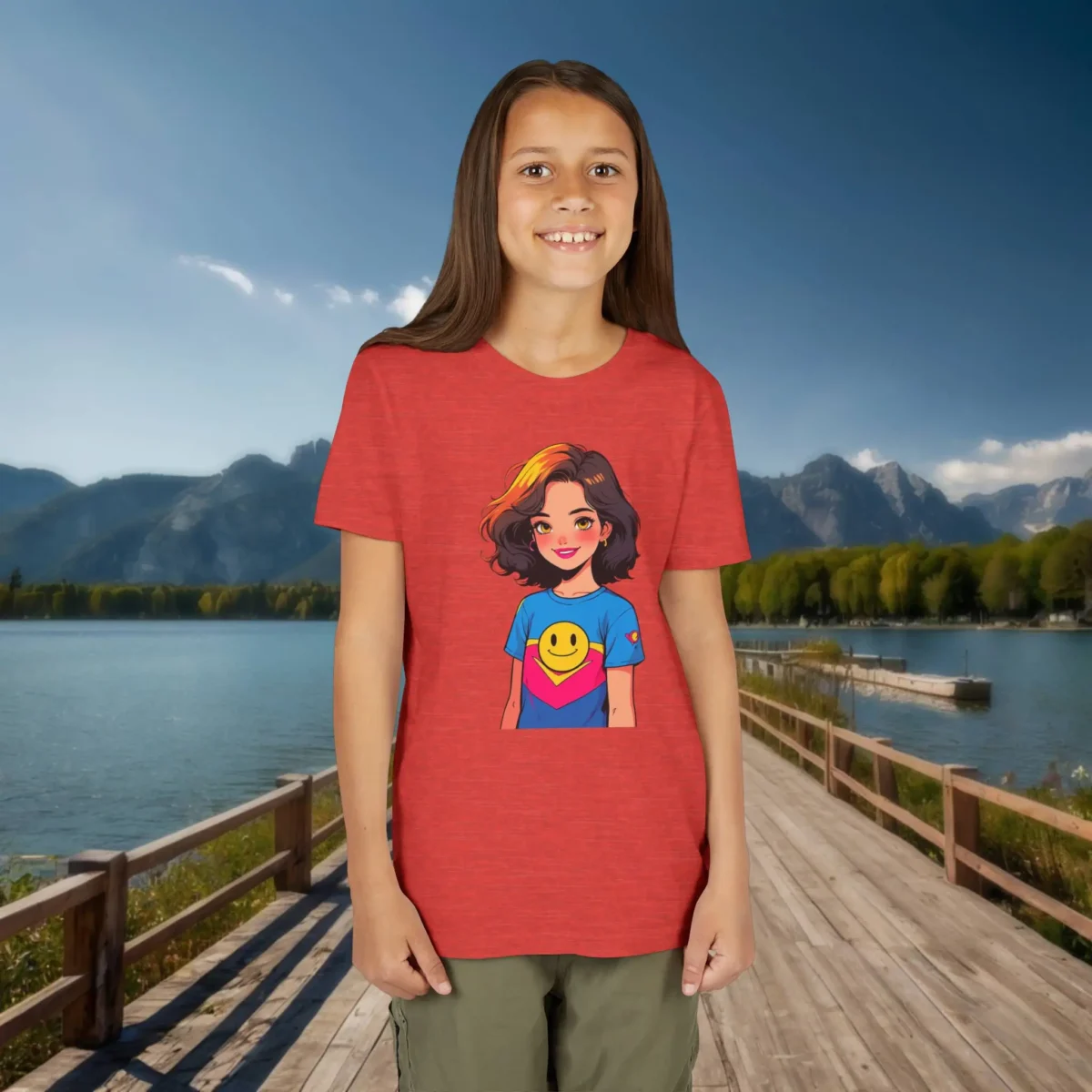 Girl in a heather red youth t-shirt with a happy cartoon superhero girl design and smiley emblem
