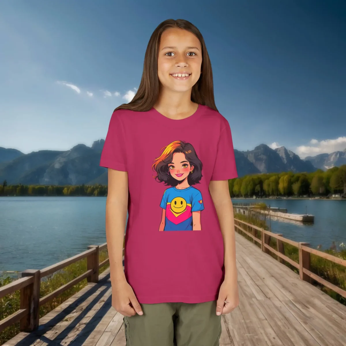 Girl wearing a raspberry pink t-shirt with a cartoon superhero girl graphic featuring a smiley face on her shirt