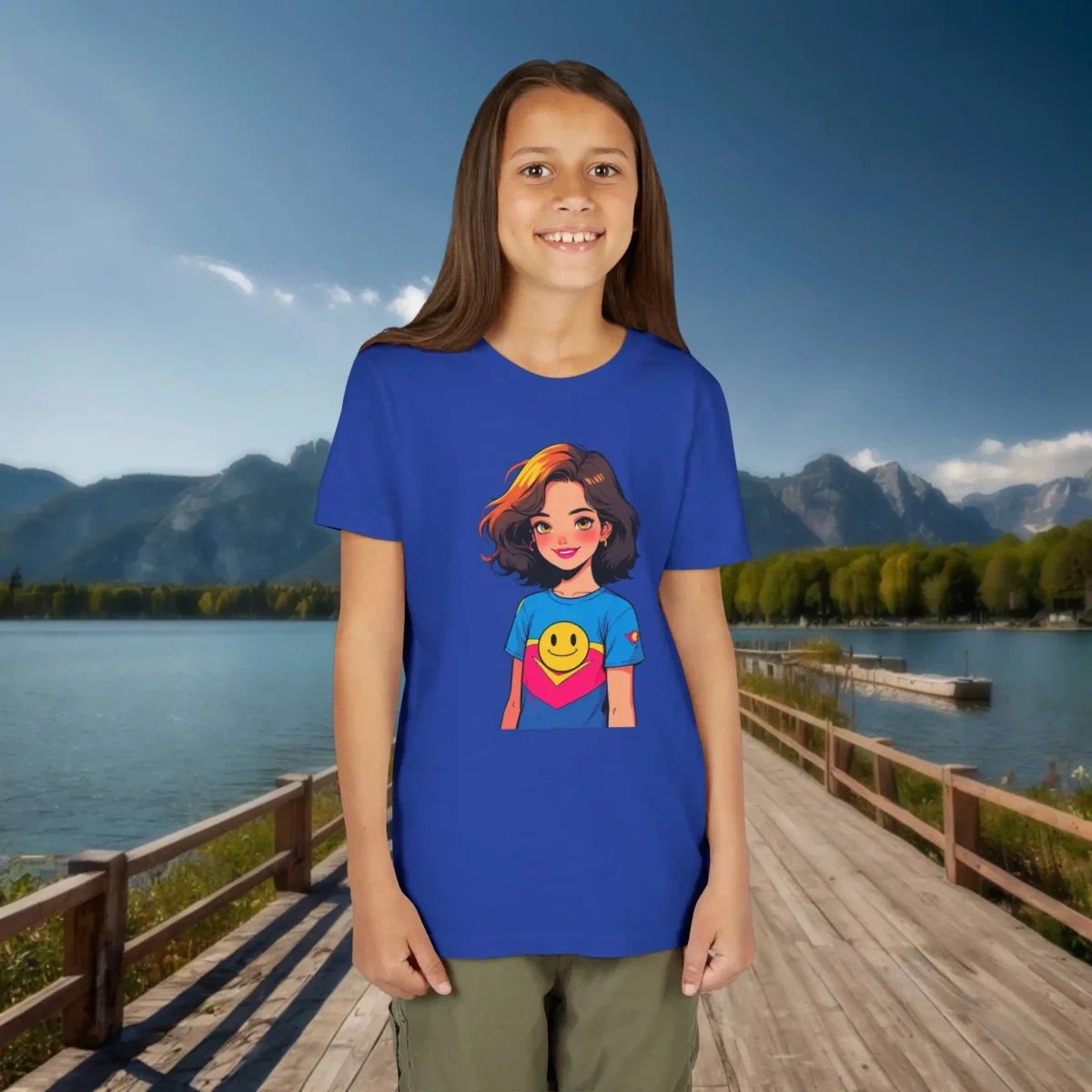 Girl wearing a royal blue youth t-shirt with a cartoon superhero girl and smiley face symbol