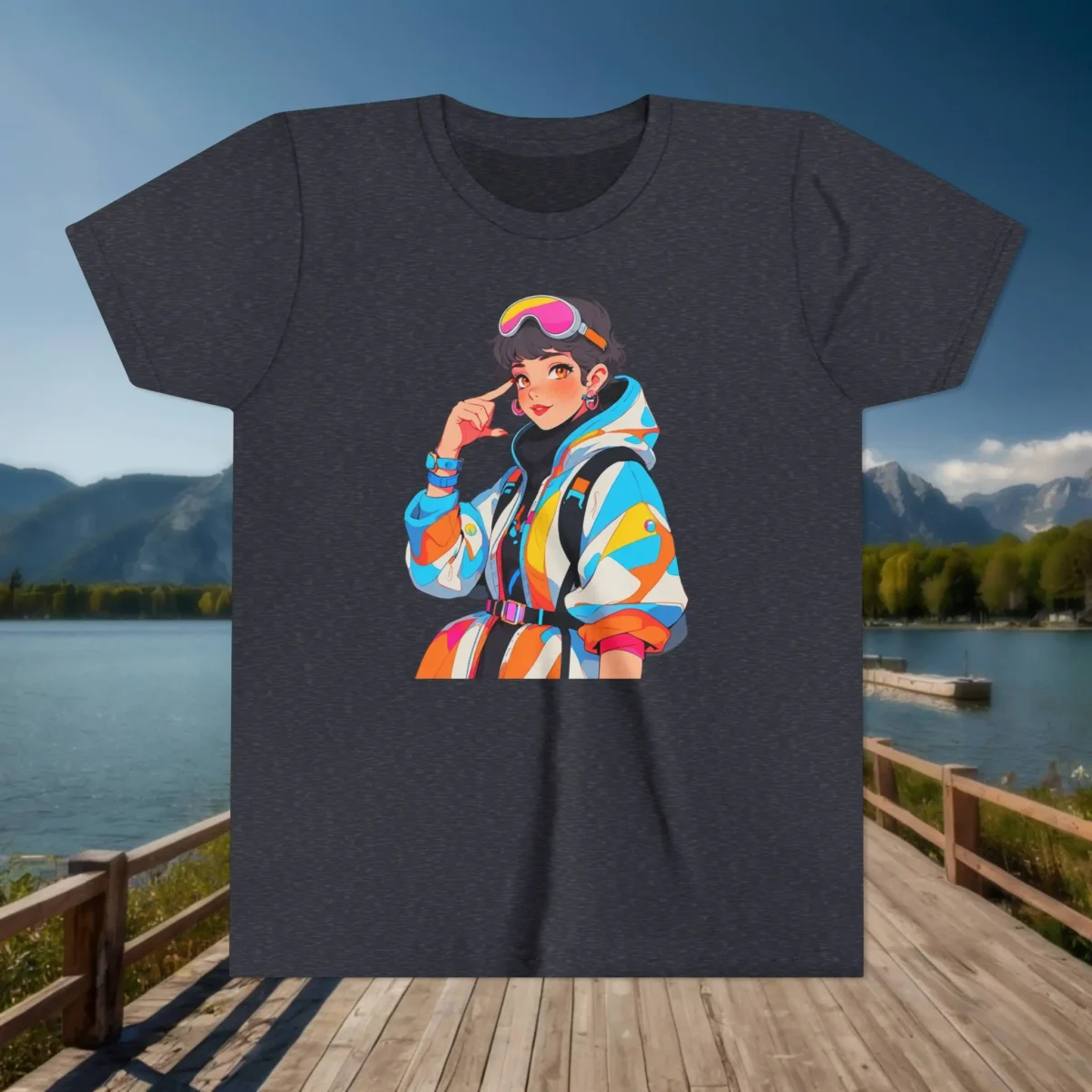 Flat-lay dark heather youth t-shirt with a colorful cartoon time traveler girl wearing a futuristic snowsuit and goggles