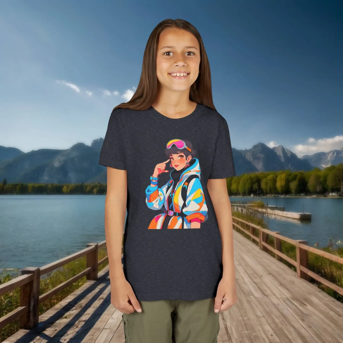 Girl wearing a dark heather t-shirt with a colorful time traveler girl illustration, outdoors by a lake