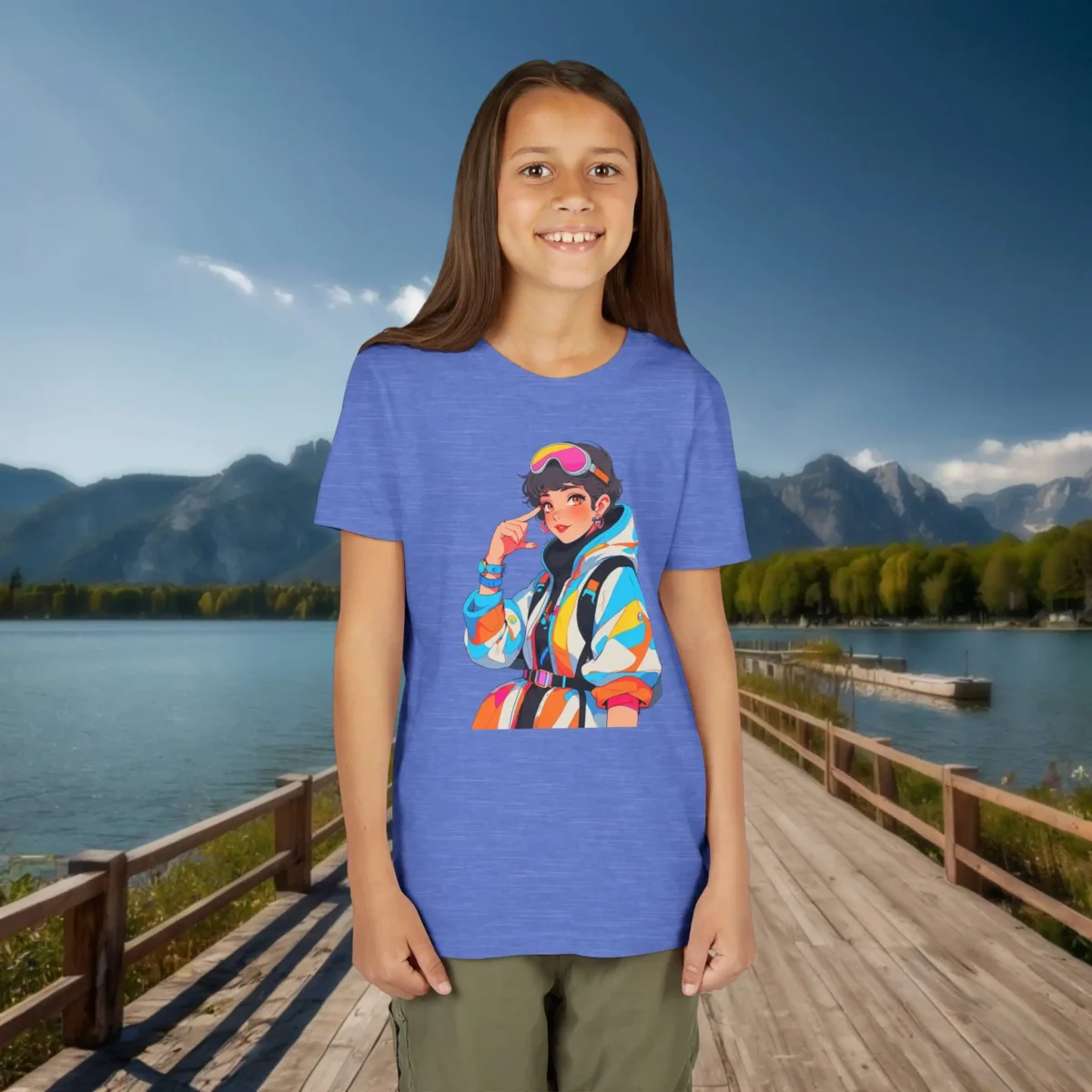 Girl in a heather blue youth t-shirt with a cartoon time traveler girl in vibrant outfit and goggles