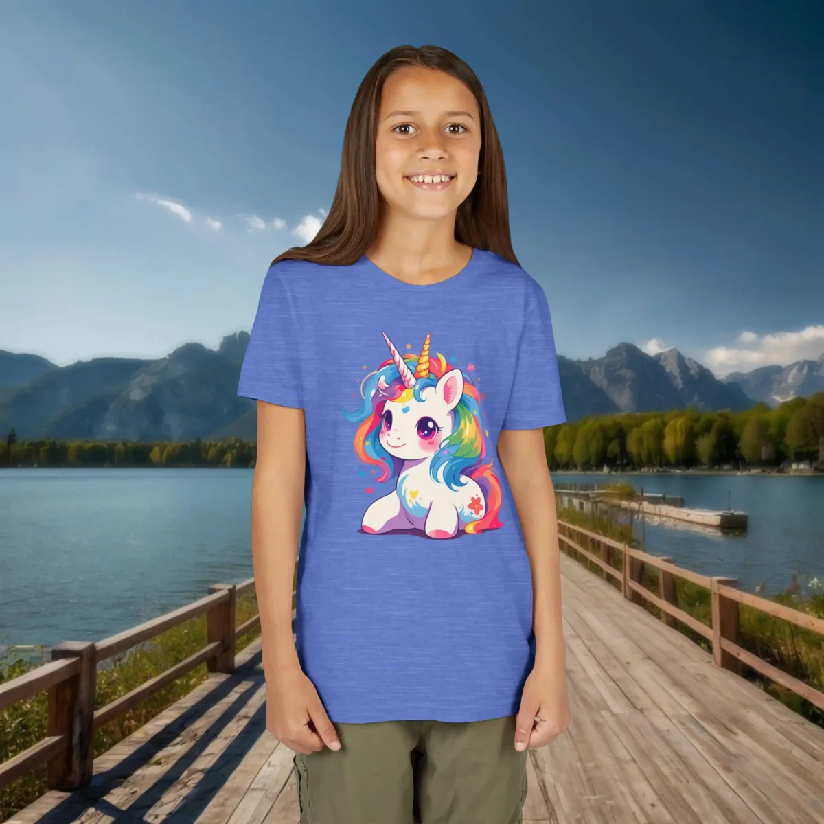 Girl wearing a heather blue youth t-shirt with a cute cartoon unicorn featuring rainbow hair and sparkles