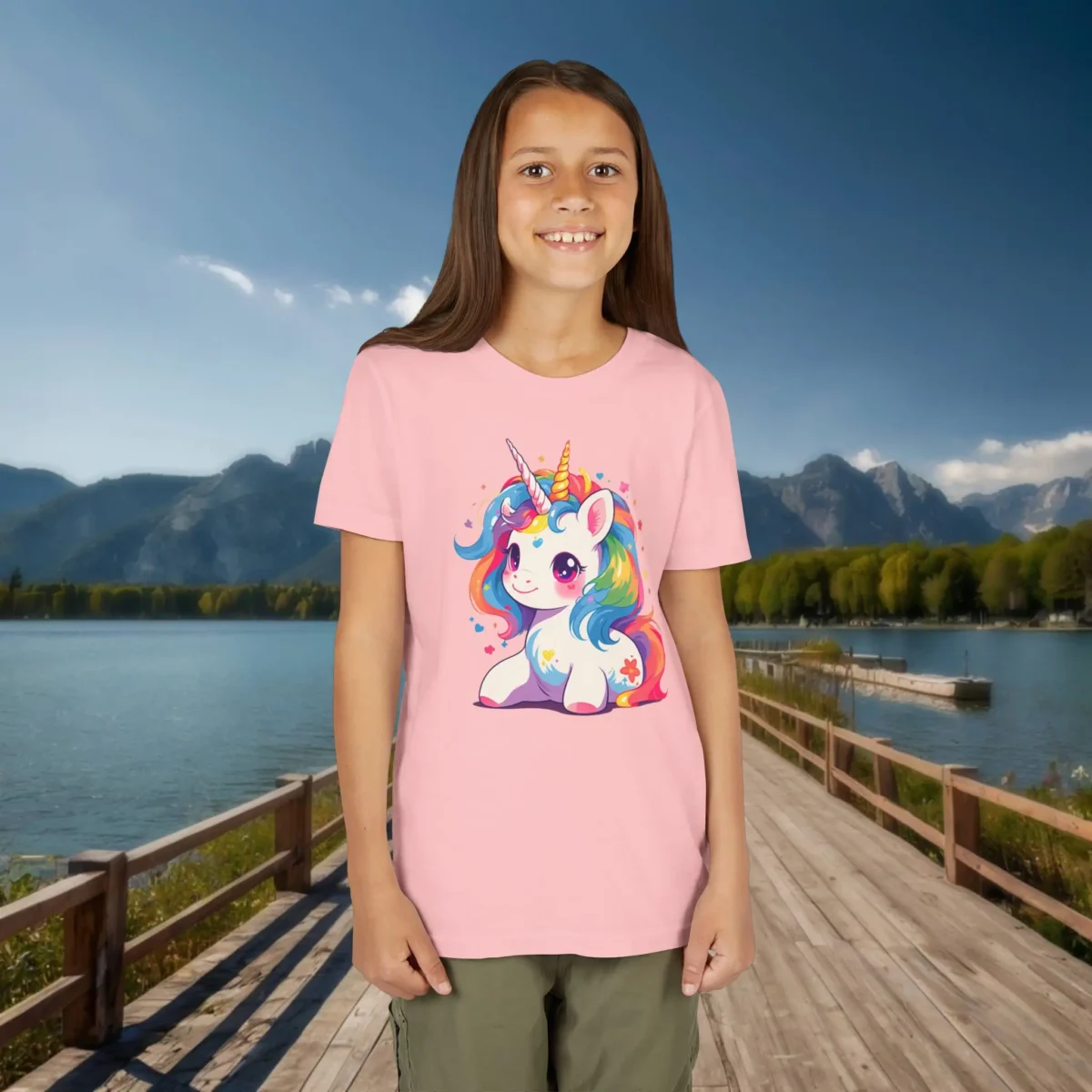 Girl in a light pink t-shirt with a cute rainbow unicorn graphic and colorful stars