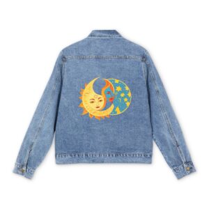 Light blue denim jacket with colorful sun and moon design on the back