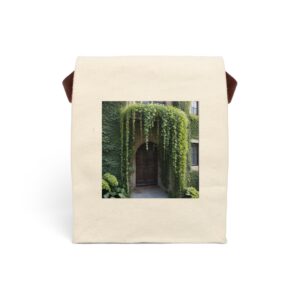 Canvas lunch bag with strap featuring a green archway with cascading vines design