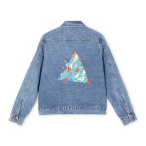 Men's denim jacket with a colorful triangular mosaic graphic design on the back