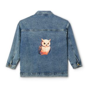 Denim jacket with a colorful owl design on the back