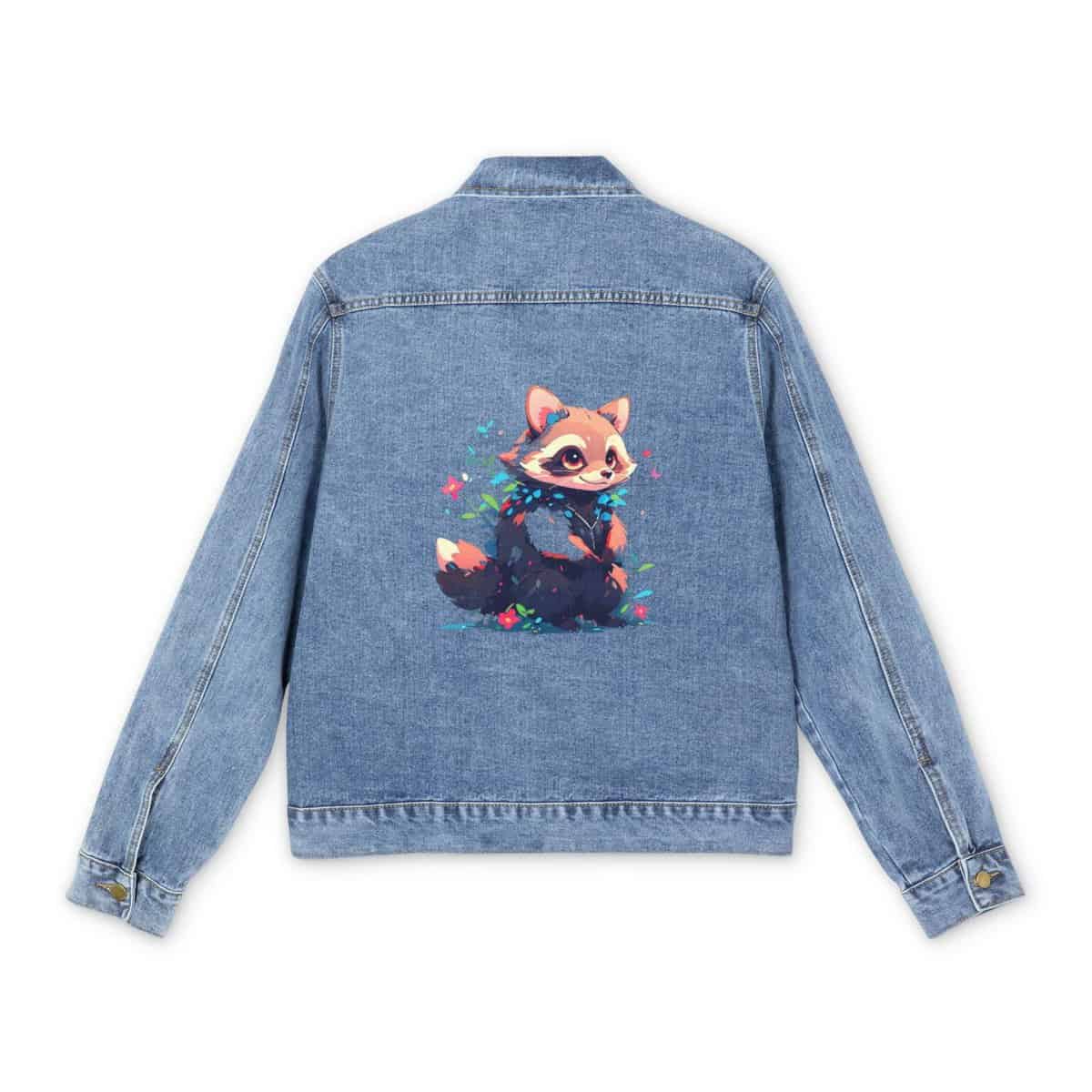 Men's denim jacket with a colorful raccoon graphic design on the back