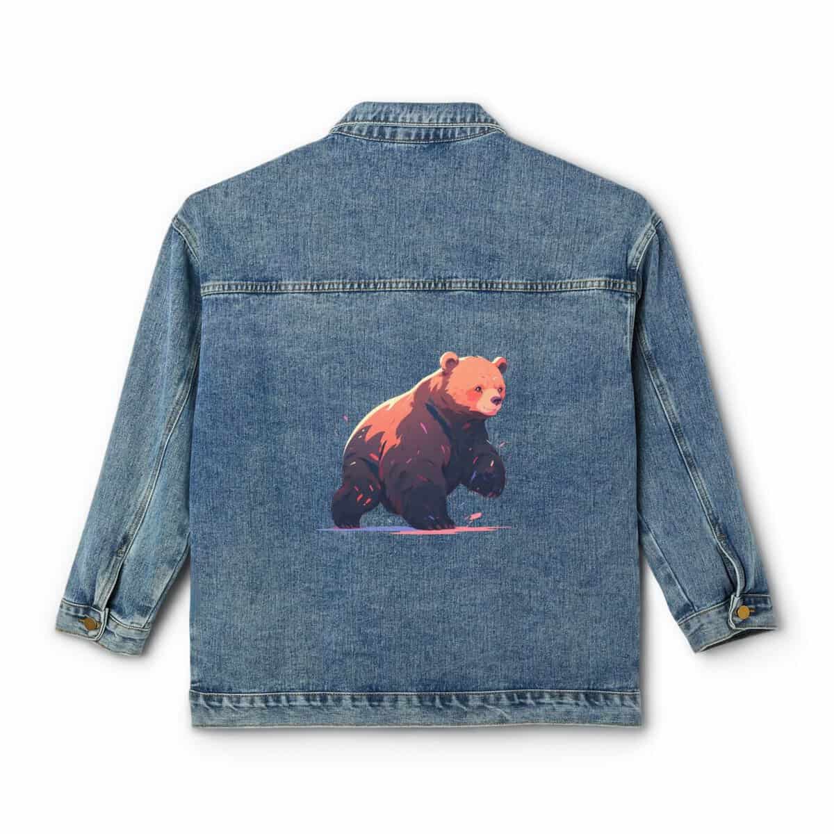 Denim jacket with a colorful bear design on the back